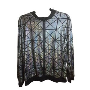Holographic Black Silver Zip Jacket Geometric Festival Rave Adult M